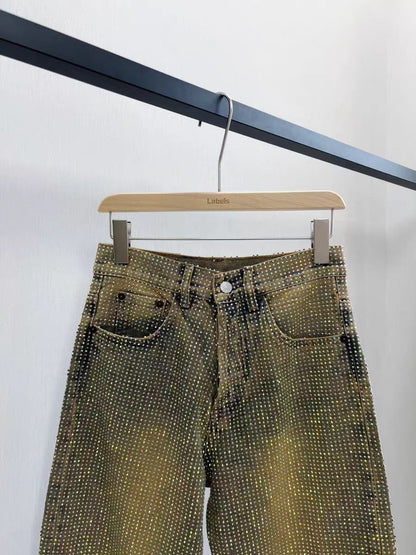 Summer New Crystal Shiny Diamond Straight-Leg Pants Extra Long Denim Floor-Length Pants Shiny Diamond Long Pants New High-Waisted Slimming Style