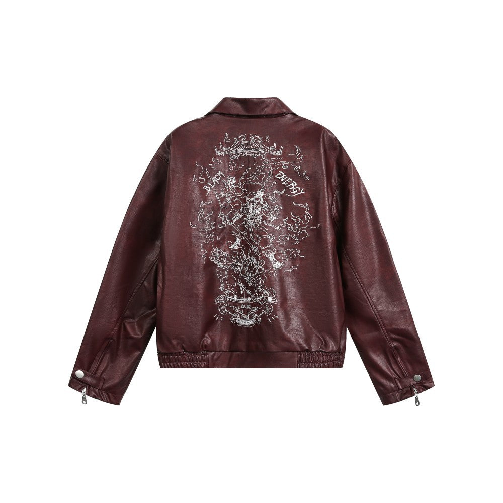 European and American Heavy Embroidery Lapel Loose Short Zipper Leather Jacket Coat