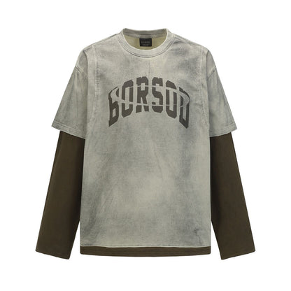 American Street Style Fake Two-Piece Letter Print T Men's and Women's Washed Vintage Two-Piece Set