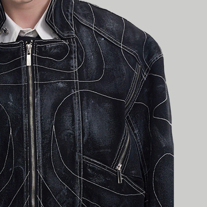 High Street Functional Style Patchwork Embroidered Distressed Denim Jacket Outerwear with 3D Draping Design Short Jacket Fashion Brand