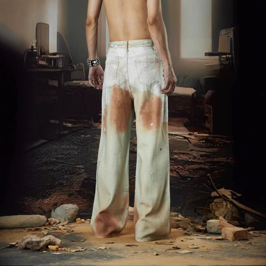 Cross-Border Heavy Industry Chain Print Jeans for Men and Women Summer American Style Straight-Leg Floor-Length Pants