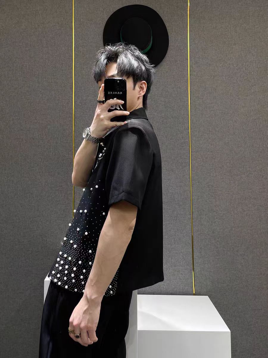 Heavy Industry Niche Rhinestone Metal Black Short Sleeve Jacket Summer New Style Cool Coat Wide Leg Pants Two-Piece Set