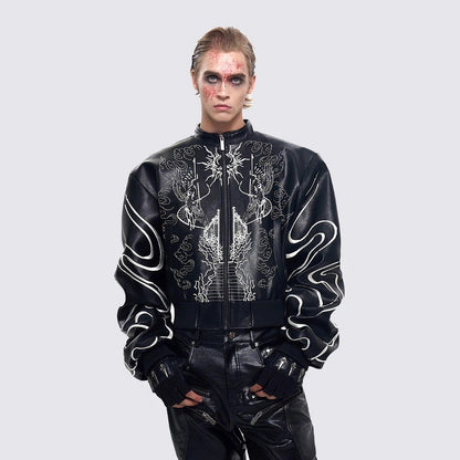Gothic Style Embroidered Short Leather Jacket for Men and Women, Autumn Stand Collar Motorcycle Short Sleeve Jacket
