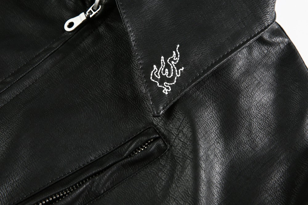 European and American Heavy Embroidery Lapel Loose Short Zipper Leather Jacket Coat