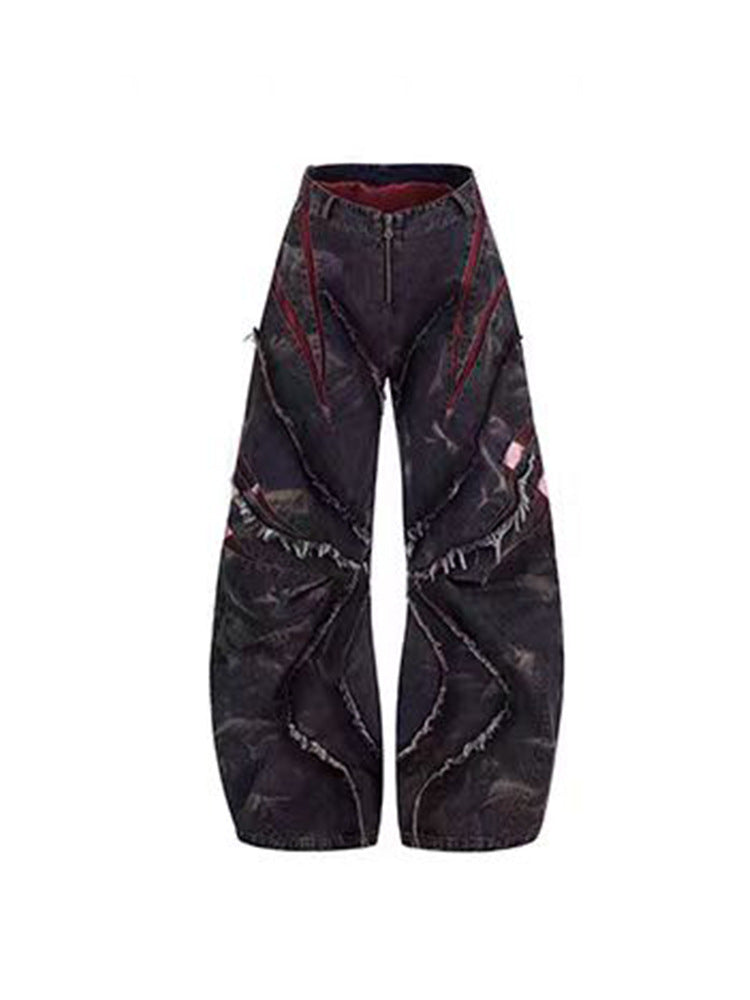 European and American High Street Heavy Craft Snowflake Scimitar Jeans for Men Spring Frayed Edge Patchwork Mesh Wide-Leg Pants