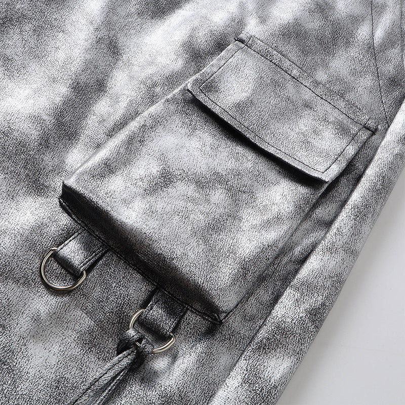 Personality Trend Retro silver Men's High Street Loose Metal Texture Straight Long Pants Workwear Durable Urban Fashion