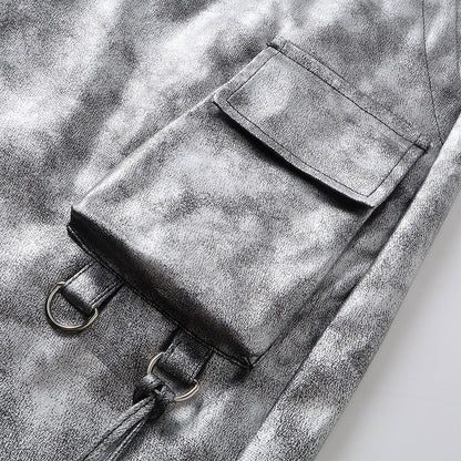 Personality Trend Retro silver Men's High Street Loose Metal Texture Straight Long Pants Workwear Durable Urban Fashion