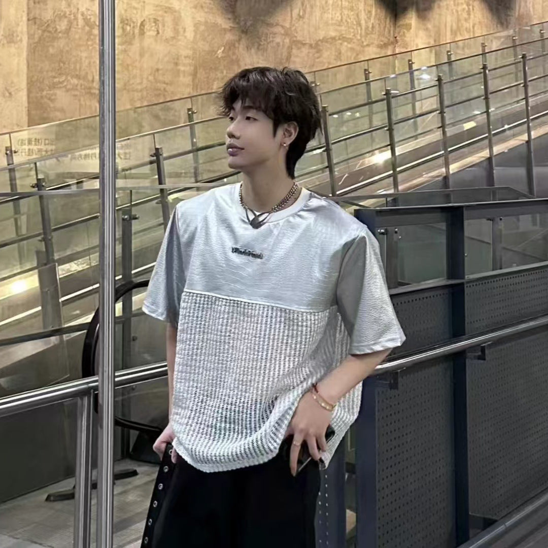 Unique Design Crocodile Pattern Leather Mesh Patchwork Short Sleeve High-end Metal Wide Shoulder Pads T Shirt