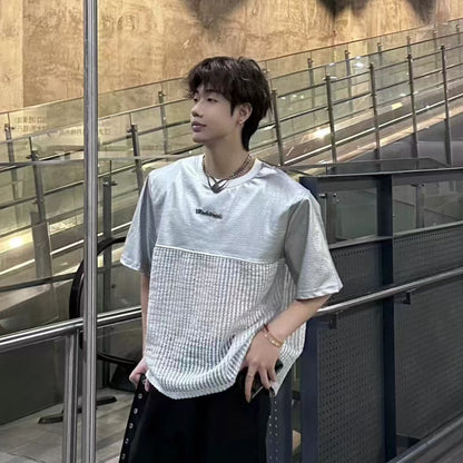 Unique Design Crocodile Pattern Leather Mesh Patchwork Short Sleeve High-end Metal Wide Shoulder Pads T Shirt