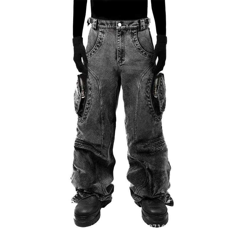 GUOWEAR Black ripped design zipper pants Fashion Street Style Jeans Personalized Trendy Cargo Pants