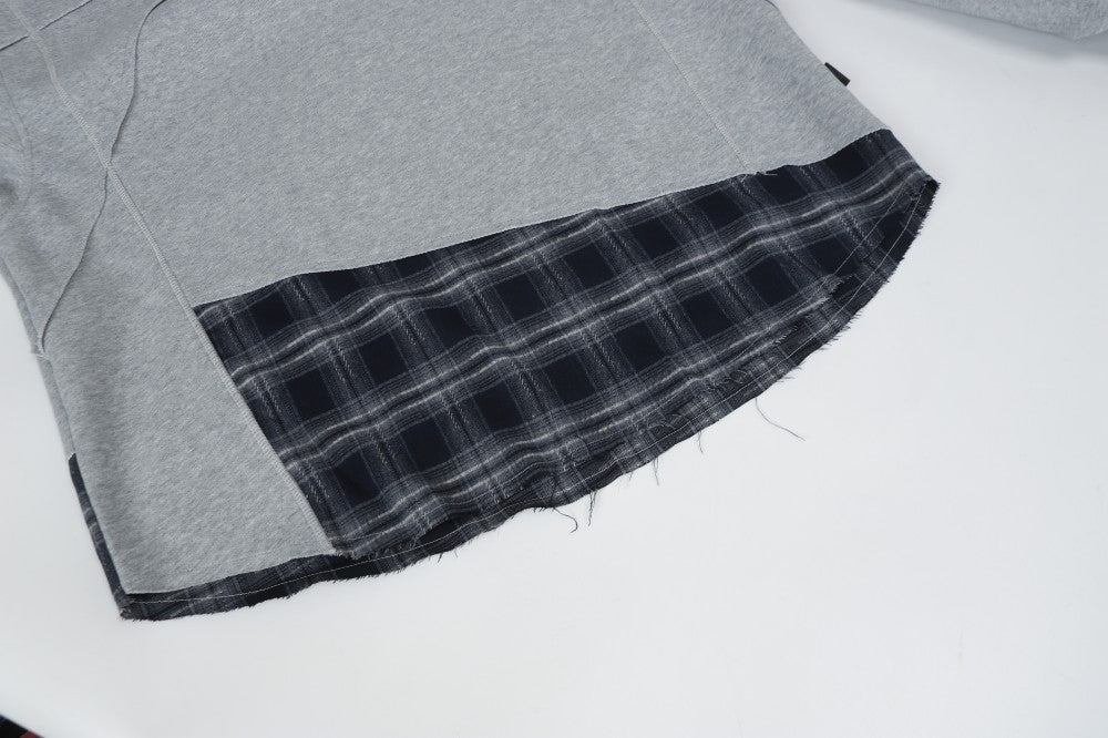 2025New Fake Two-Piece Distressed Plaid Patchwork Hooded Sweatshirt Unisex American Style Niche Loose Hoodie Trendy