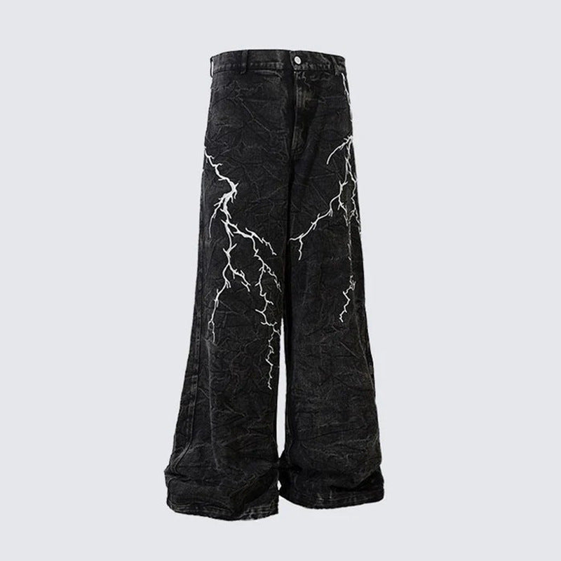 GUOWEAR2024American Style Washed Flared Jeans for Men with Lightning Embroidery Wide-Leg Trousers Trendy Retro Style