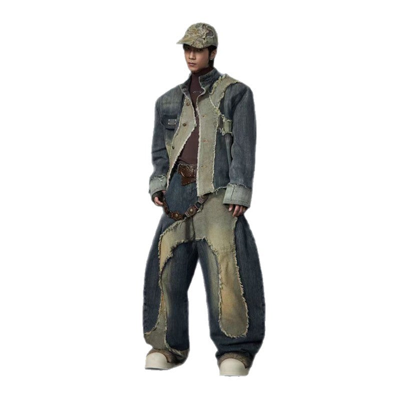 Post-apocalyptic Heavy Industry Patchwork Frayed Edge Stand Collar Structure Denim Jacket Scimitar Jeans Unisex