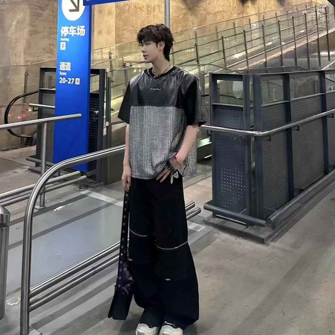 Unique Design Crocodile Pattern Leather Mesh Patchwork Short Sleeve High-end Metal Wide Shoulder Pads T Shirt