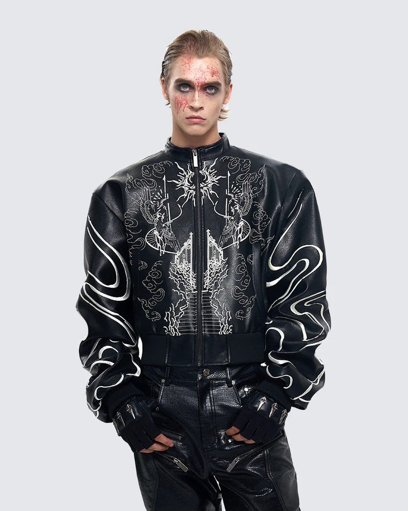 Gothic Style Embroidered Short Leather Jacket for Men and Women, Autumn Stand Collar Motorcycle Short Sleeve Jacket