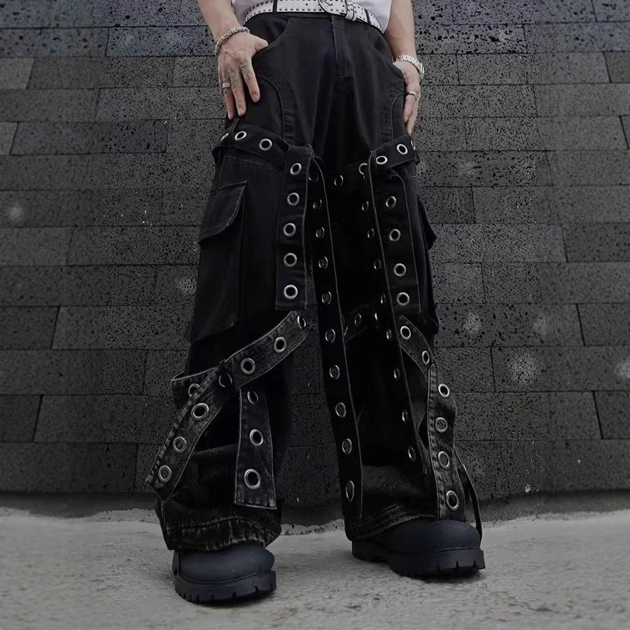 American Street Retro Heavy Design Sense Pleated Workwear Hardware Decoration Loose Draped Jeans for Men and Women