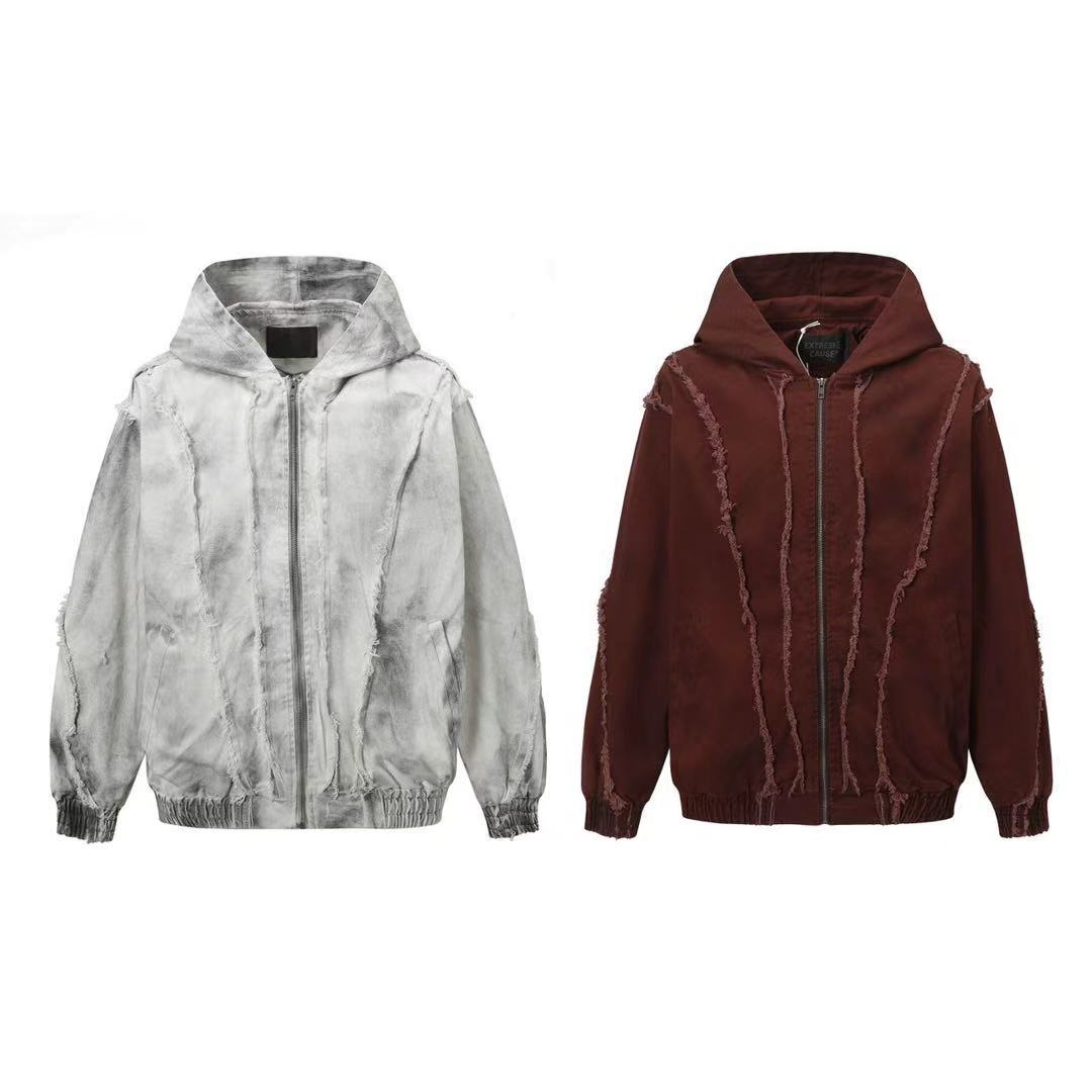 European and American High Street Wasteland Style Spray Paint Dirty Patchwork Hooded Jacket for Men Spring Frayed Edge Design Coat