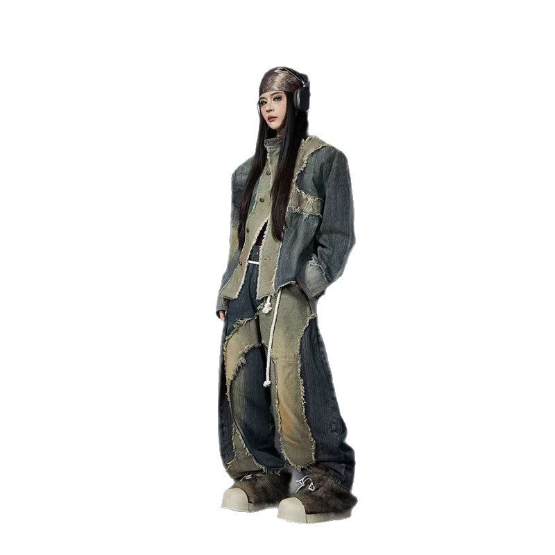 Post-apocalyptic Heavy Industry Patchwork Frayed Edge Stand Collar Structure Denim Jacket Scimitar Jeans Unisex