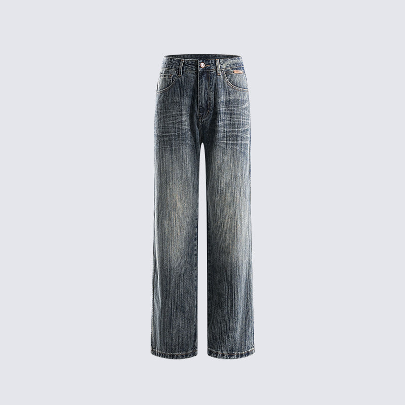 GUOWEAR Loose Straight Retro Jeans High-waisted Casual Washed Long Pants Unisex Trendy Pants