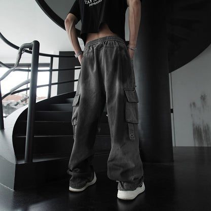 European and American High Street Heavy Wash Vintage Jeans for Men and Women Multi-Pocket Patchwork Frayed Edge Distressed Straight Casual Pants