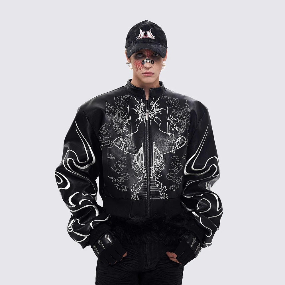 Gothic Style Embroidered Short Leather Jacket for Men and Women, Autumn Stand Collar Motorcycle Short Sleeve Jacket