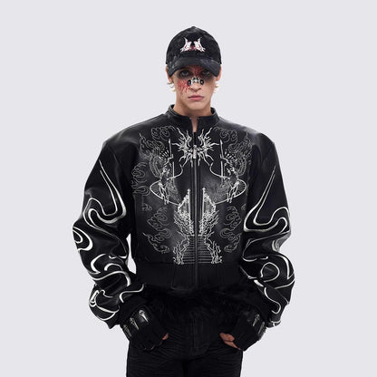 Gothic Style Embroidered Short Leather Jacket for Men and Women, Autumn Stand Collar Motorcycle Short Sleeve Jacket