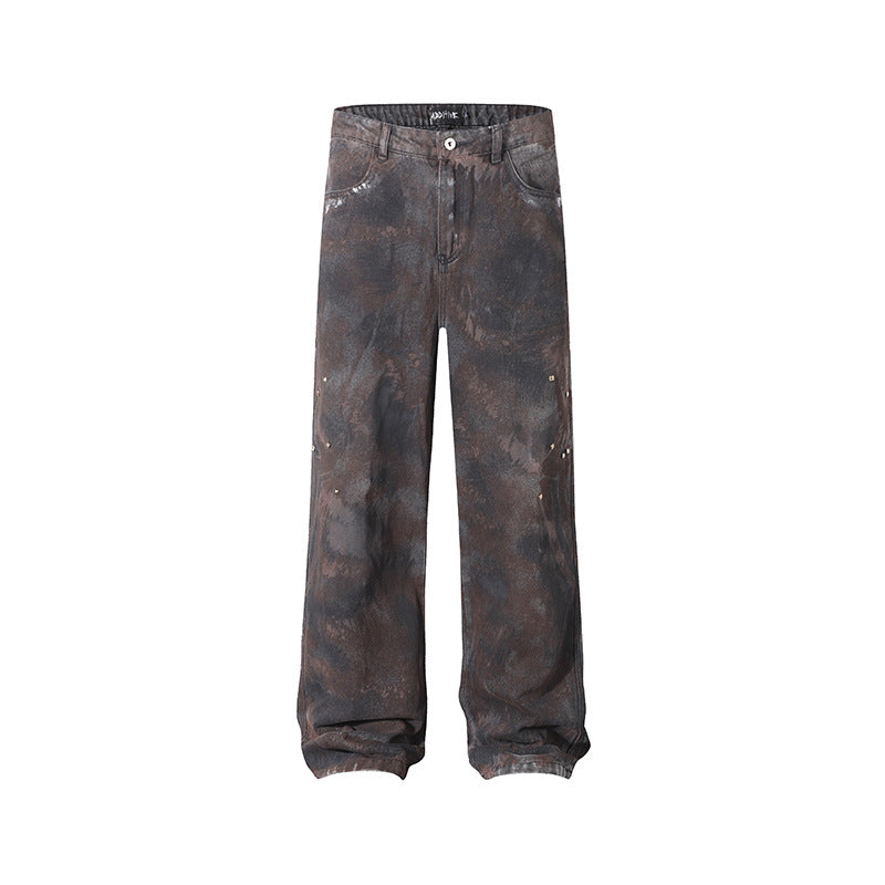American-style Tie-dye Washed Vintage Loose Cargo Pants for Men Street Hip-Hop Jogger Jeans Trendy Designer Style