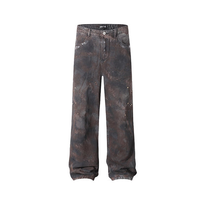 American-style Tie-dye Washed Vintage Loose Cargo Pants for Men Street Hip-Hop Jogger Jeans Trendy Designer Style