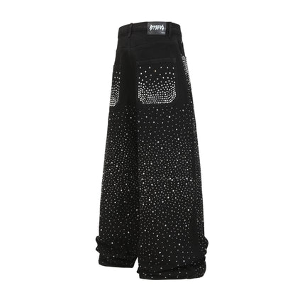 Fashion Versatile Trendy Long Pants Cross-Border Trade Washed American Retro Heavy-Duty Full Diamond Jeans for Men and Women