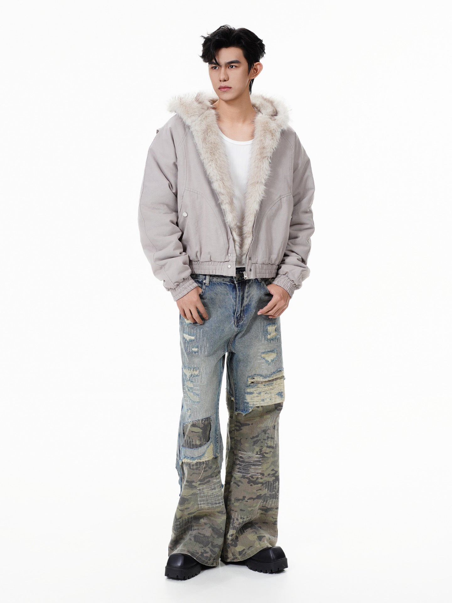 GUOWEAR Pearl Canvas Mountain Eagle Fleece-Lined Jacket American Street Wasteland Style Cotton Coat Men's Fleece-Lined Thickened Jacket