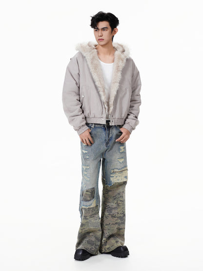 GUOWEAR Pearl Canvas Mountain Eagle Fleece-Lined Jacket American Street Wasteland Style Cotton Coat Men's Fleece-Lined Thickened Jacket