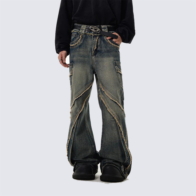 GUOWEAR Niche Retro Distressed Jeans for Men, Washed and Frayed, Loose Fit, Wide Leg, Korean Style Trend