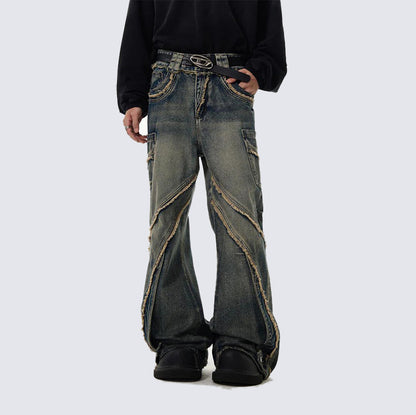 GUOWEAR Niche Retro Distressed Jeans for Men, Washed and Frayed, Loose Fit, Wide Leg, Korean Style Trend