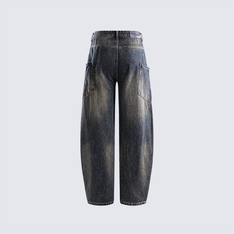 Loose Workwear Style Vintage Washed Jeans High-waisted Patchwork Design Straight-leg Pants Street casual pants for men and women
