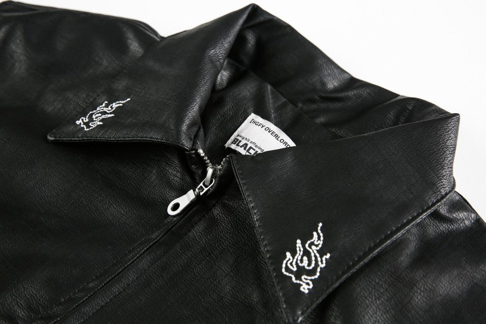 European and American Heavy Embroidery Lapel Loose Short Zipper Leather Jacket Coat