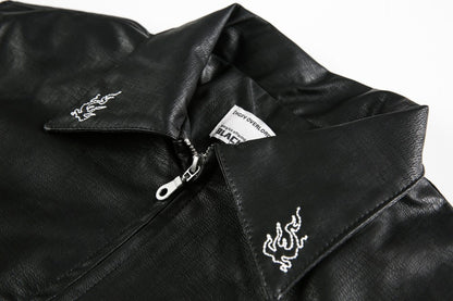 European and American Heavy Embroidery Lapel Loose Short Zipper Leather Jacket Coat