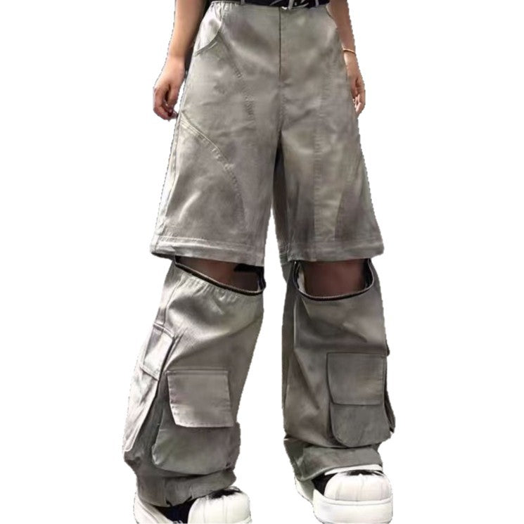 European and American Style Long Design Sense Wasteland Vintage Dirty Dyed Cargo Pants for Men and Women with Detachable Multi-Pocket Zipper Hip-Hop Street Dance