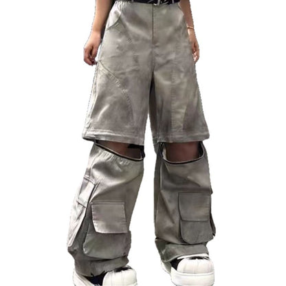 European and American Style Long Design Sense Wasteland Vintage Dirty Dyed Cargo Pants for Men and Women with Detachable Multi-Pocket Zipper Hip-Hop Street Dance