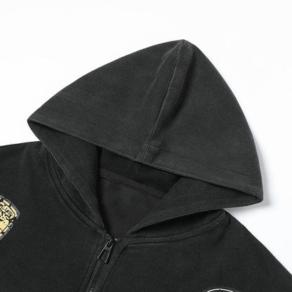 2025Spring New Vintage Distressed Letter Print Hoodie for Men, Stylish and High-End Long Sleeve Jacket