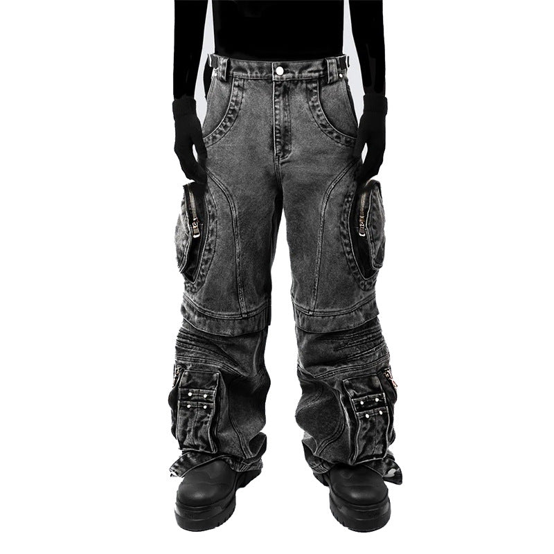 American High Street Jeans for Men and Women Retro Street Style Distressed Washed Zipper Large Pocket Loose Straight Workwear Pants