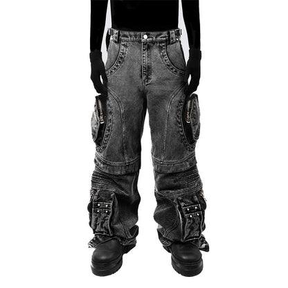 American High Street Jeans for Men and Women Retro Street Style Distressed Washed Zipper Large Pocket Loose Straight Workwear Pants