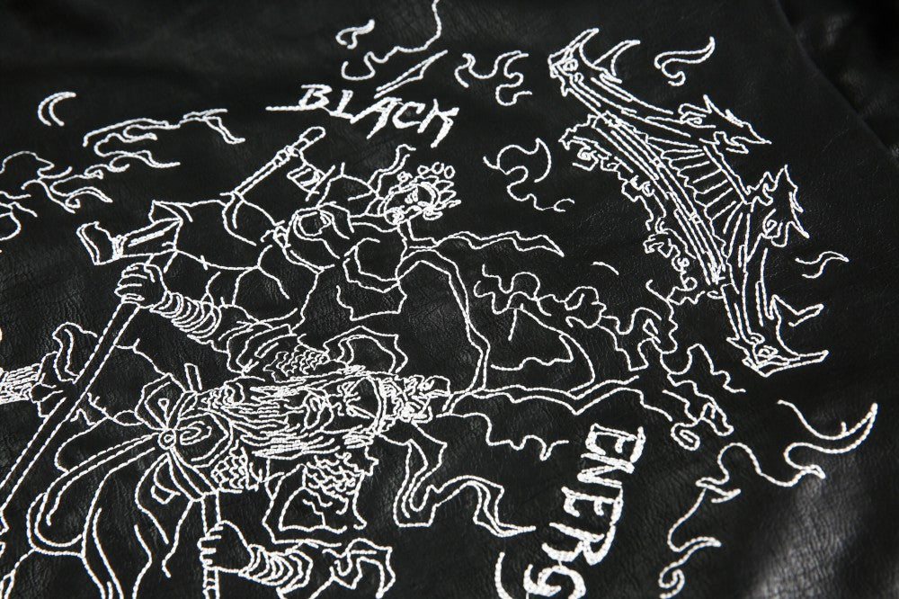 European and American Heavy Embroidery Lapel Loose Short Zipper Leather Jacket Coat