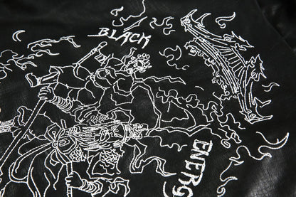 European and American Heavy Embroidery Lapel Loose Short Zipper Leather Jacket Coat