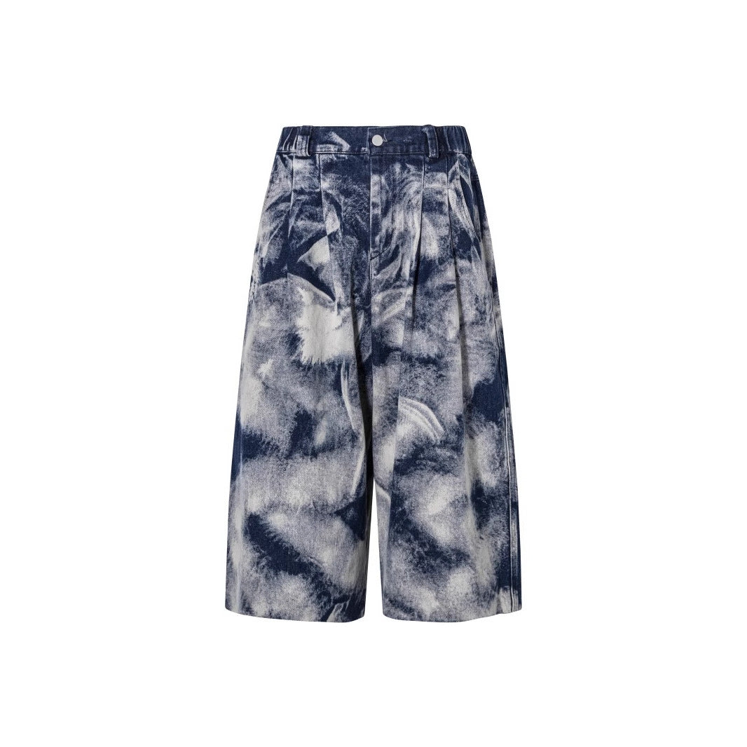 Summer Thin Jacquard Cool Comfortable Fabric Five-Point Denim Shorts Men's Trendy New Wide-Leg Straight Mid-Length Shorts