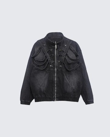 American Original Dark Style Retro Washed Padded Shoulder Distressed Denim Jacket for Men Spring and Autumn Workwear Stand Collar Jacket