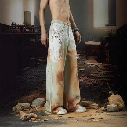 Cross-Border Heavy Industry Chain Print Jeans for Men and Women Summer American Style Straight-Leg Floor-Length Pants