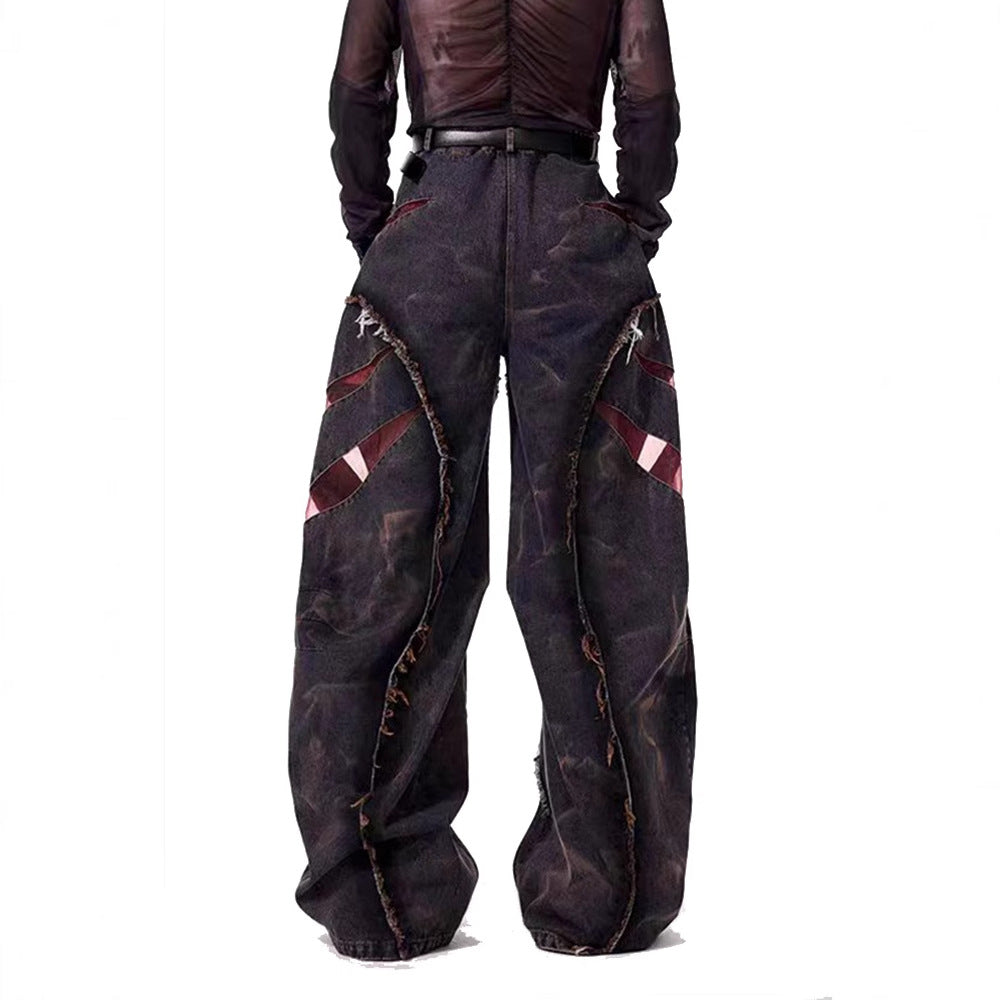 European and American High Street Heavy Craft Snowflake Scimitar Jeans for Men Spring Frayed Edge Patchwork Mesh Wide-Leg Pants