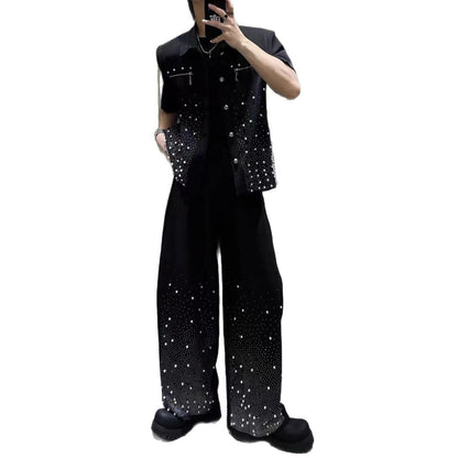 Heavy Industry Niche Rhinestone Metal Black Short Sleeve Jacket Summer New Style Cool Coat Wide Leg Pants Two-Piece Set