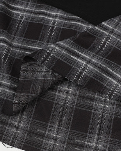 2025New Fake Two-Piece Distressed Plaid Patchwork Hooded Sweatshirt Unisex American Style Niche Loose Hoodie Trendy