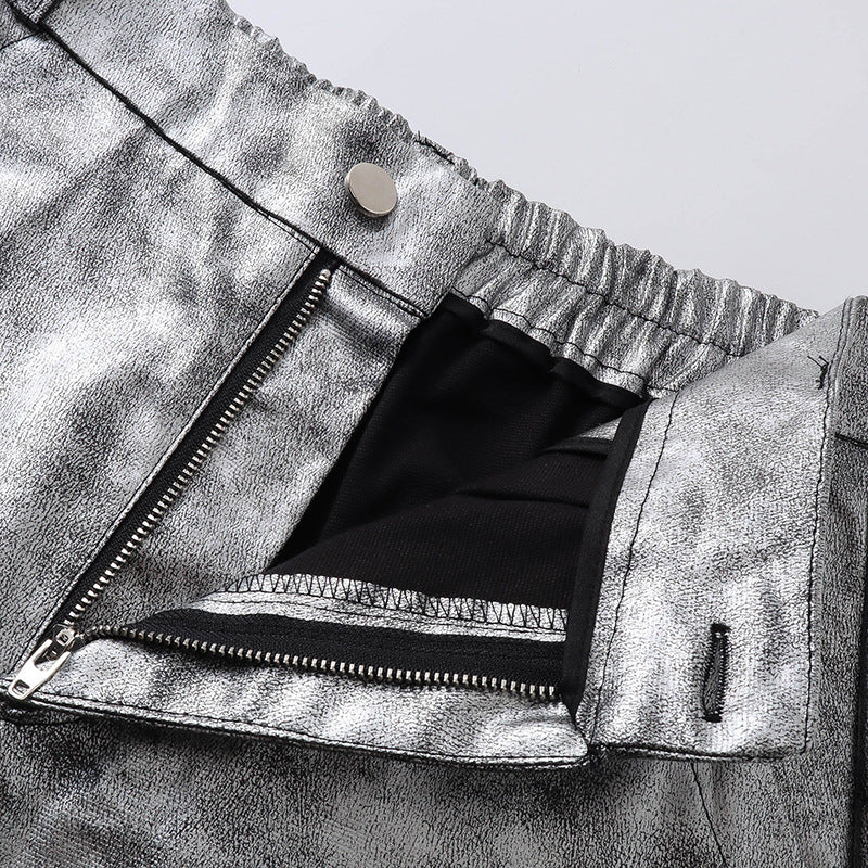 Personality Trend Retro silver Men's High Street Loose Metal Texture Straight Long Pants Workwear Durable Urban Fashion